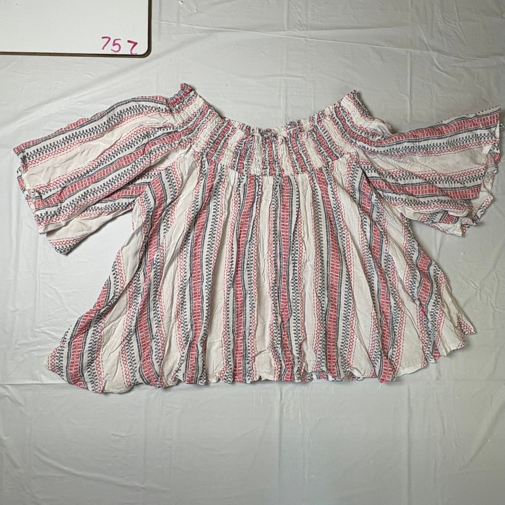 Ocean Drive Womens Off Shoulder Smocked Striped Crop Top Nautical Red Blue Large